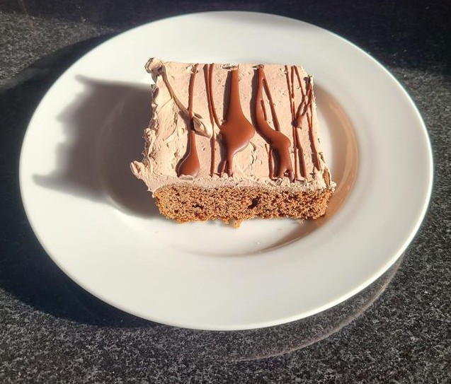 A dobash cake on top of graham cracker crust covered with chocolate icing and another drizzle of rich chocolate.