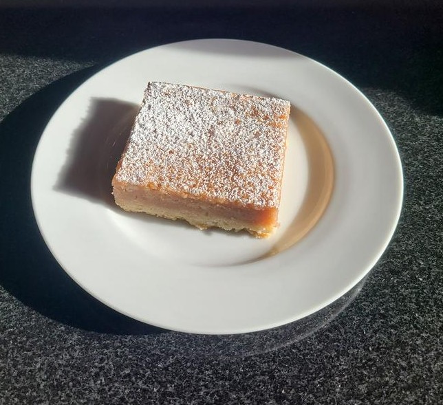 A guava flavored cake on top of graham cracker crust and dusted with powdered sugar.